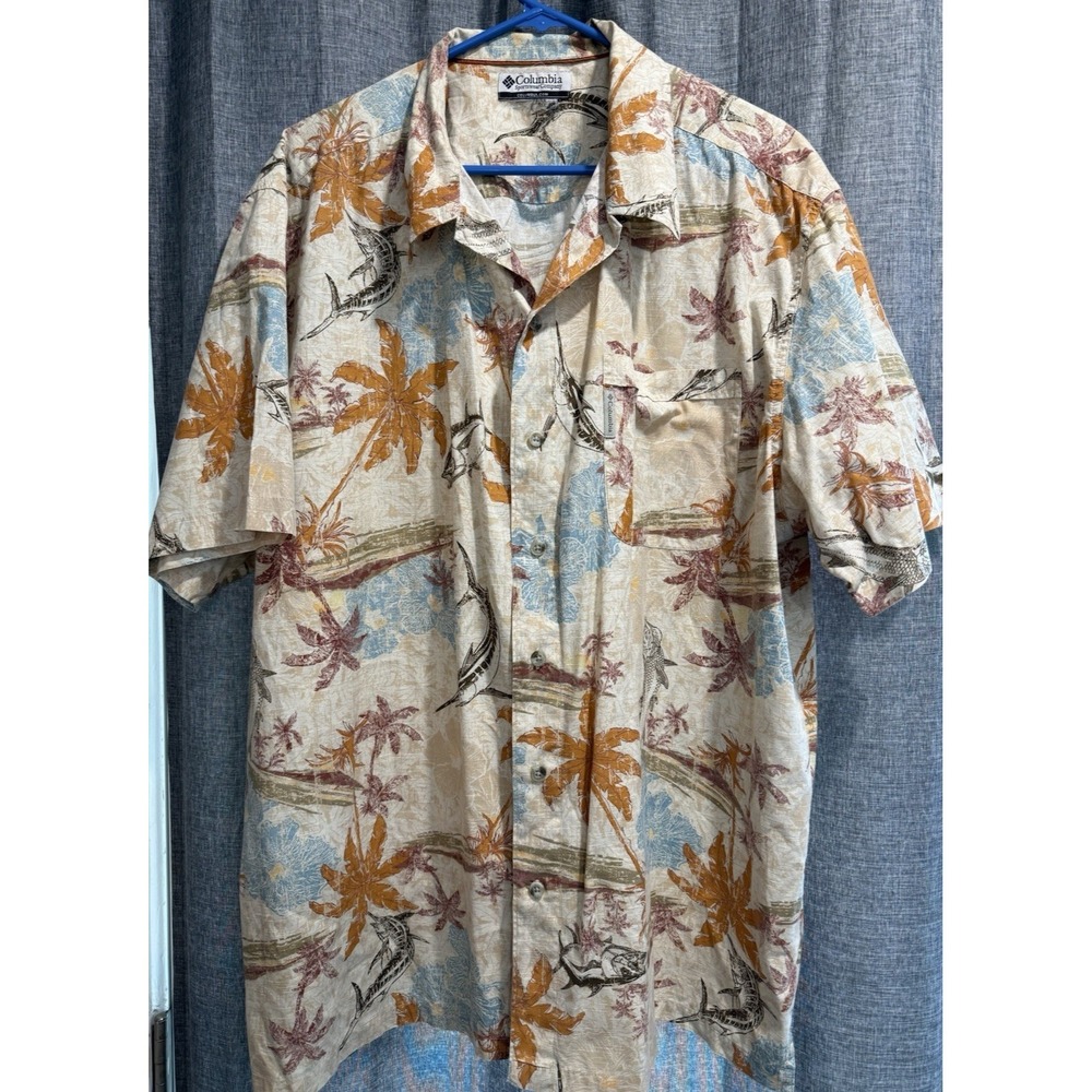 Columbia Hawaiian Fish Shirt Men 2XL 100% Cotton Tropical Beach Button Up Pocket